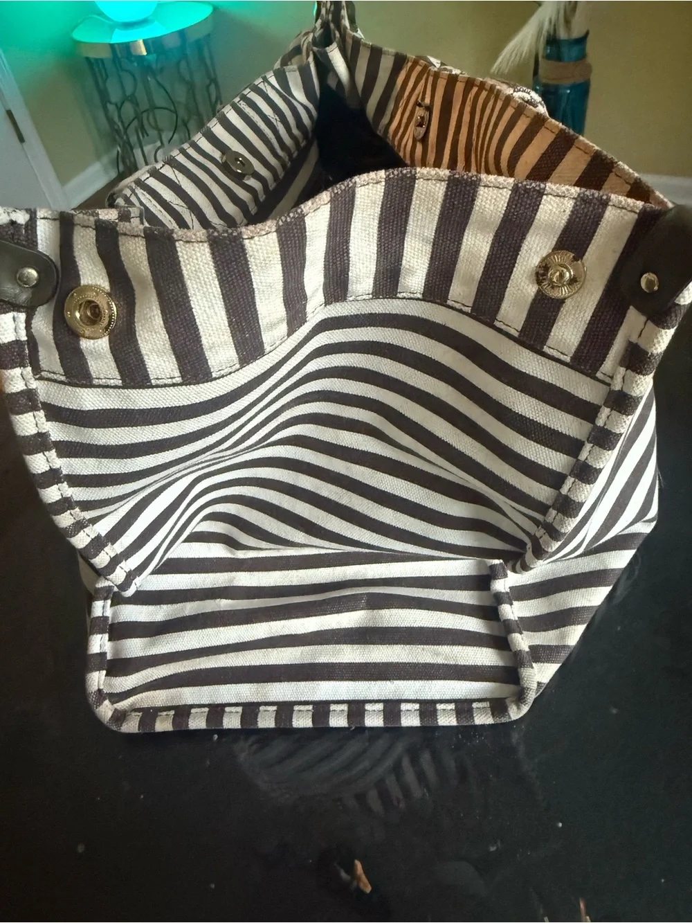 henri bendel Black and White Striped Canvas Tote